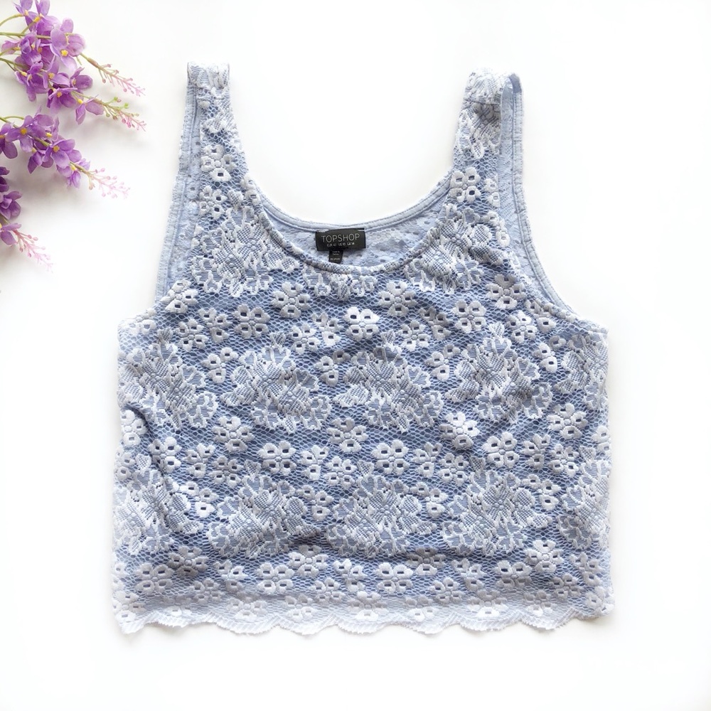 TopShop Blue And White Floral Lace Crop Tank - 10